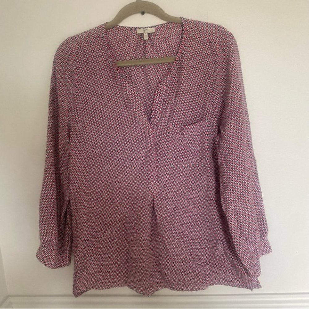JOIE Venicia 100% Silk Geometric Square Blouse in Navy Red Medium